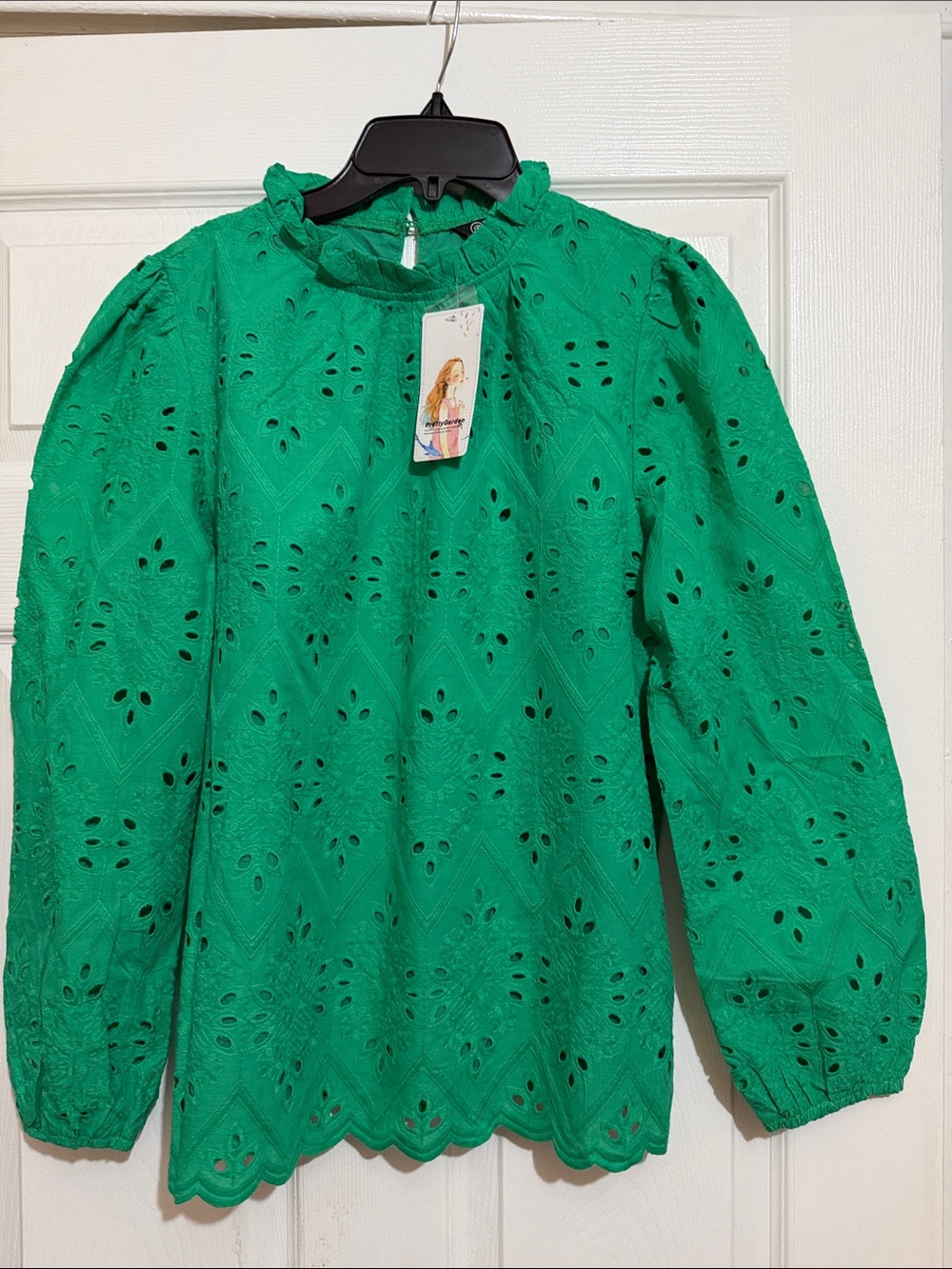 Girls' Green Eyelet Ruffle Neck Top - Unbranded